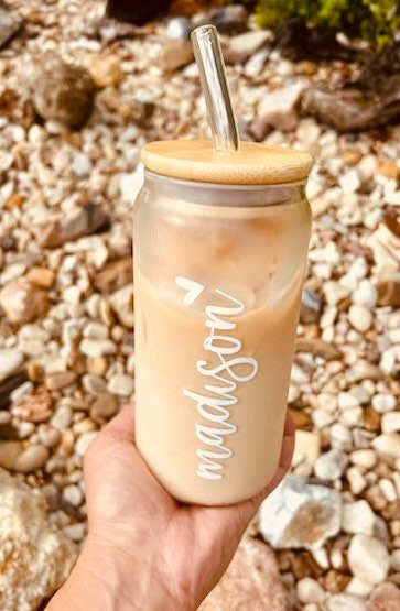 Personalized Iced Coffee Cup Glass Can Soda Cup with Lid and Straw