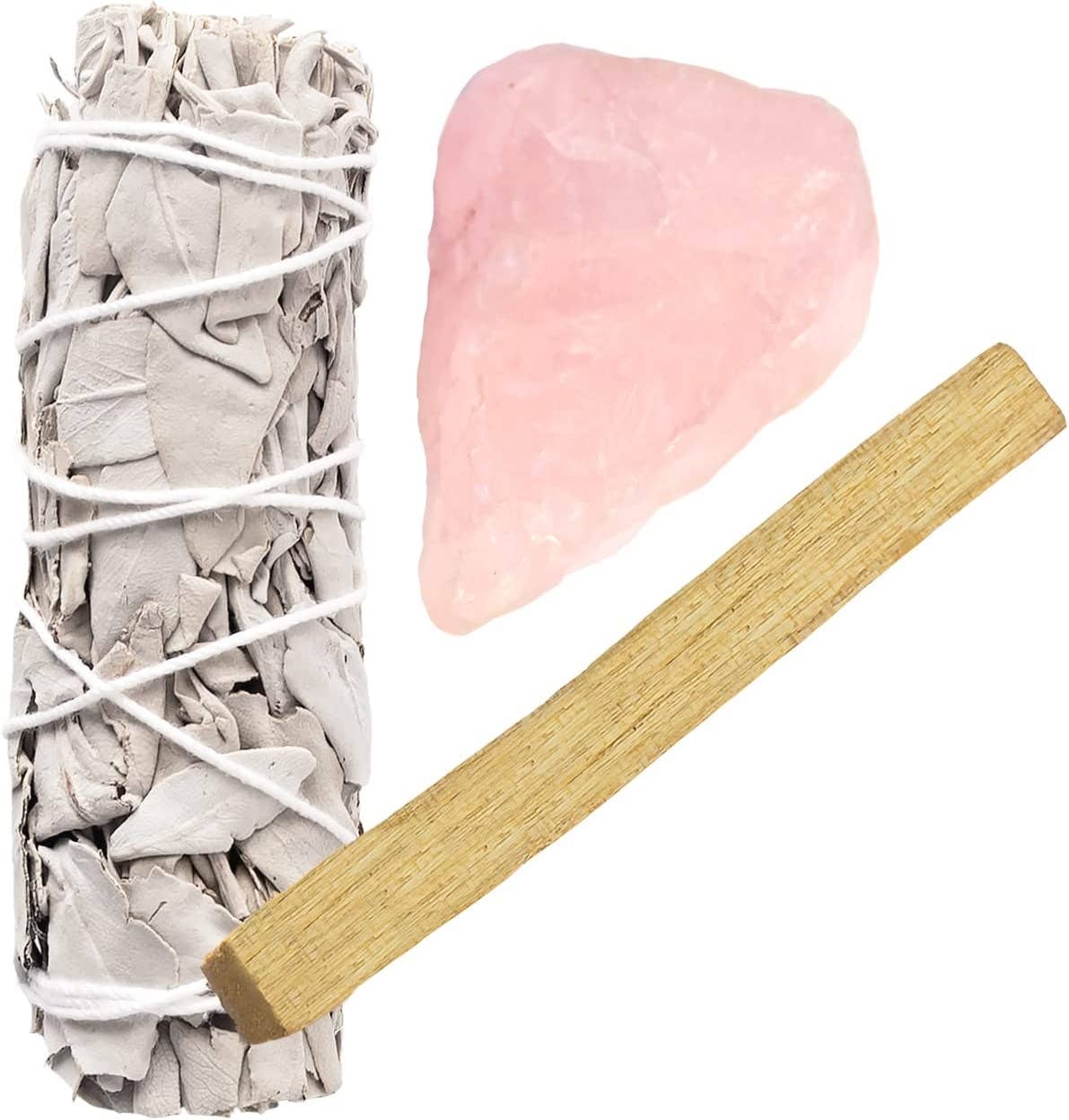 White Sage, Rough Rose Quartz, Palo Santo Bundle - TheShabbyWick