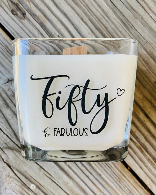50th Birthday Gift for Woman, Fifty and Fabulous Birthday Candle Gifts, Personalized Scented Soy Can - TheShabbyWick